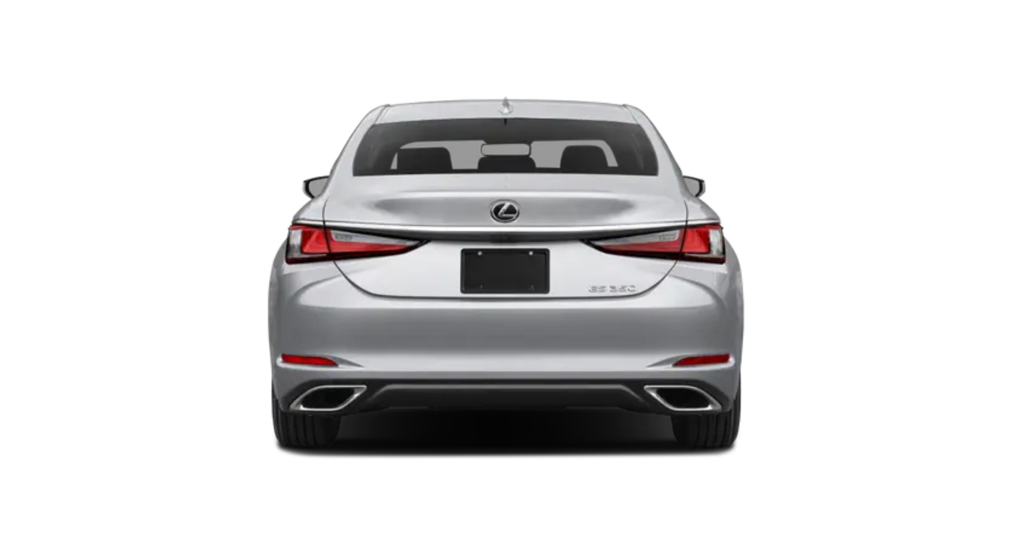 Rear view of the 2025 Lexus ES 350 showcasing LED taillights, chrome exhaust tips, and an aerodynamic design.