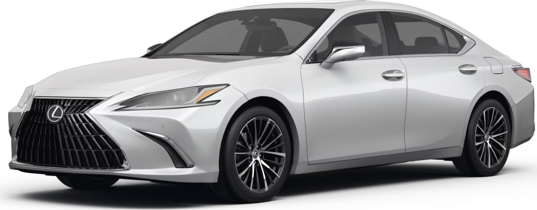 front profile of the 2025 Lexus ES 350 highlighting its sleek body lines, alloy wheels, and luxury sedan proportions.
