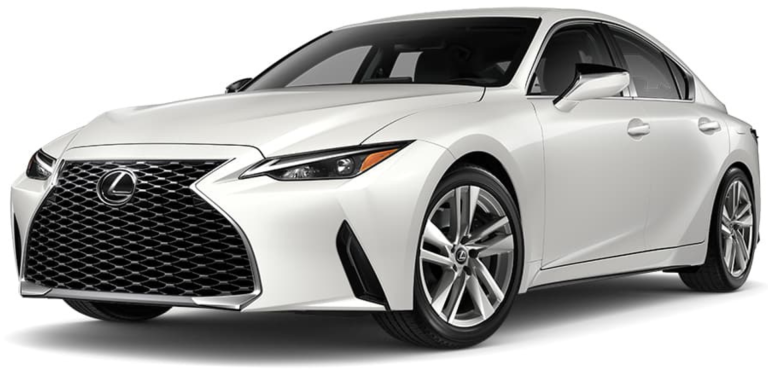 The 2025 Lexus IS 300 in white, featuring an aggressive spindle grille, sharp LED headlights, and a bold stance that highlights its luxury sport sedan aesthetic.
