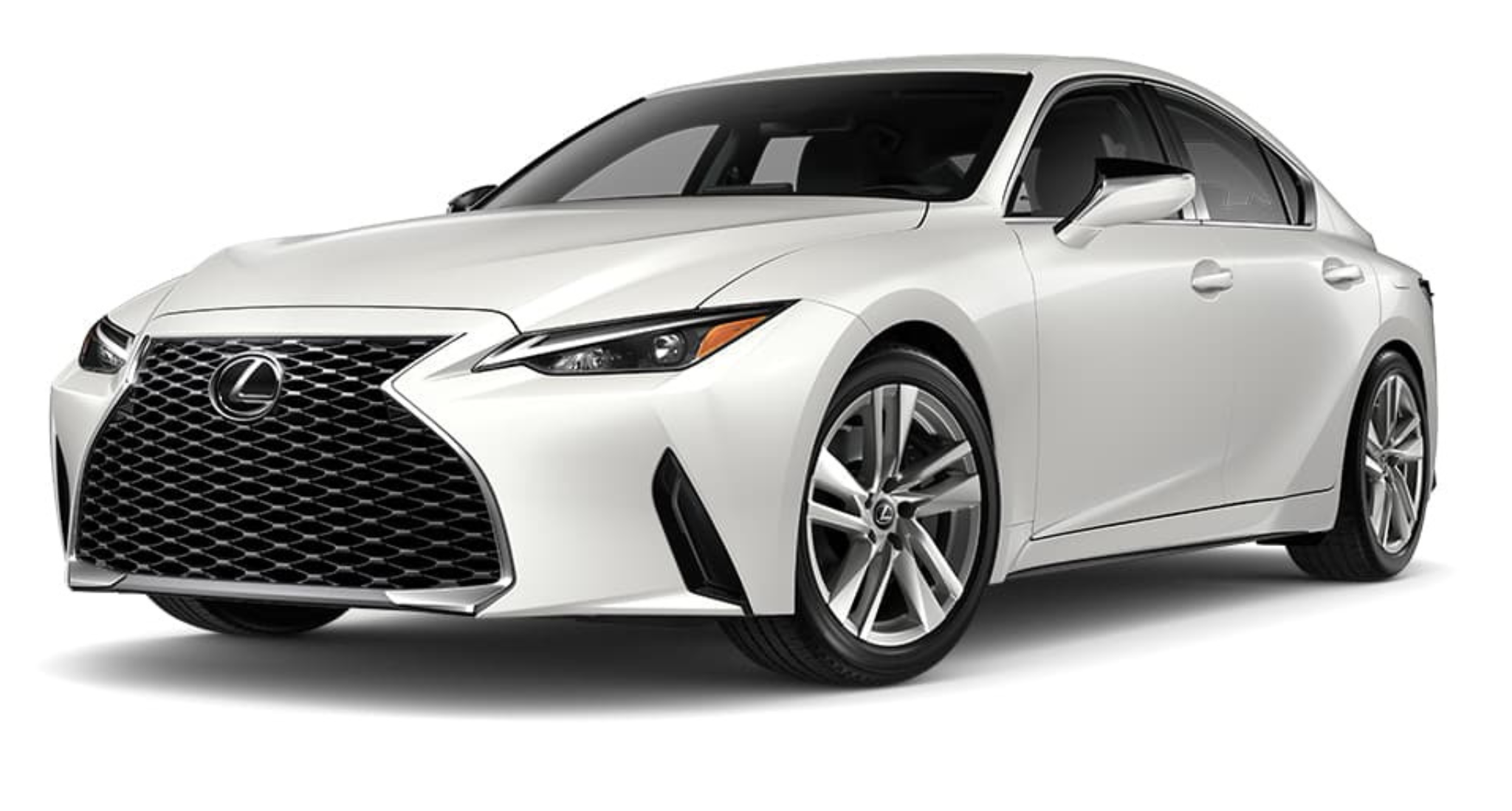 The 2025 Lexus IS 300 in white, featuring an aggressive spindle grille, sharp LED headlights, and a bold stance that highlights its luxury sport sedan aesthetic.