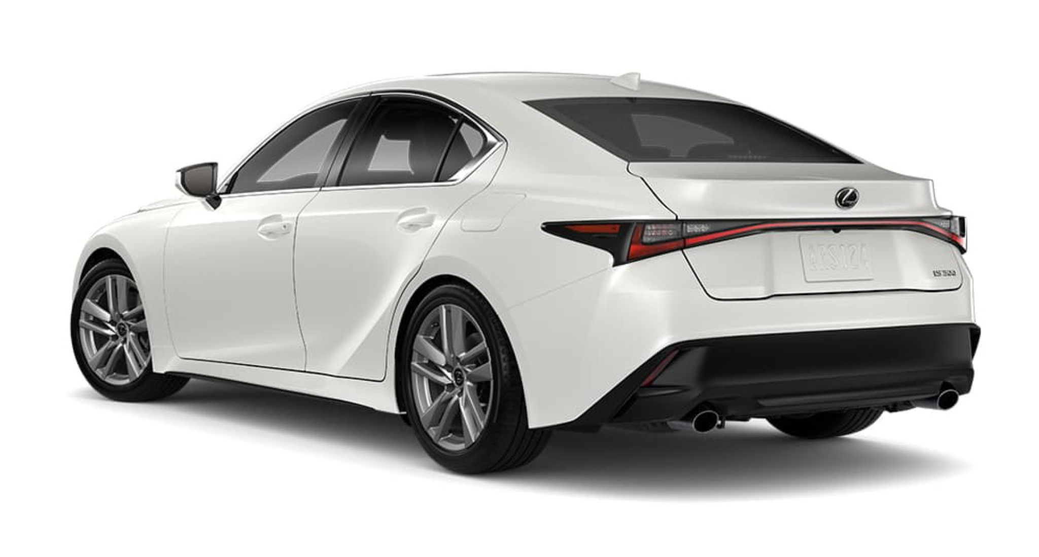 The 2025 Lexus IS 300 in elegant white, showcasing its sleek rear design with sharp taillights, dual exhaust tips, and an aerodynamic body for a modern and sporty appeal.