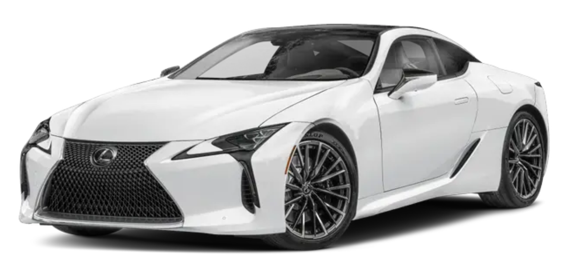 The bold front view of the 2025 Lexus LC 500 with its signature spindle grille, sharp LED headlights, and sculpted hood