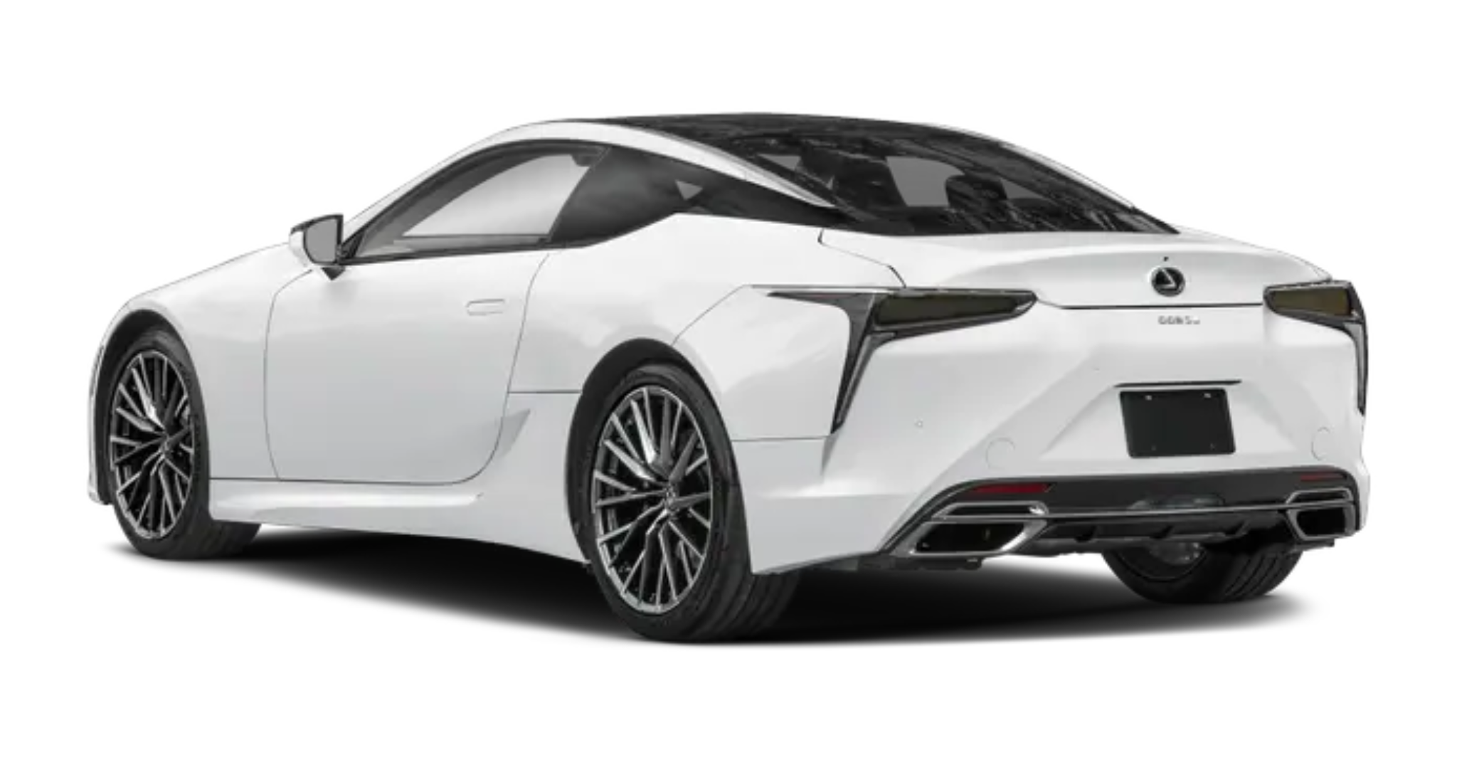 Rear three-quarter view of the 2025 Lexus LC 500, highlighting its aggressive stance, LED taillights, and performance-tuned dual exhaust