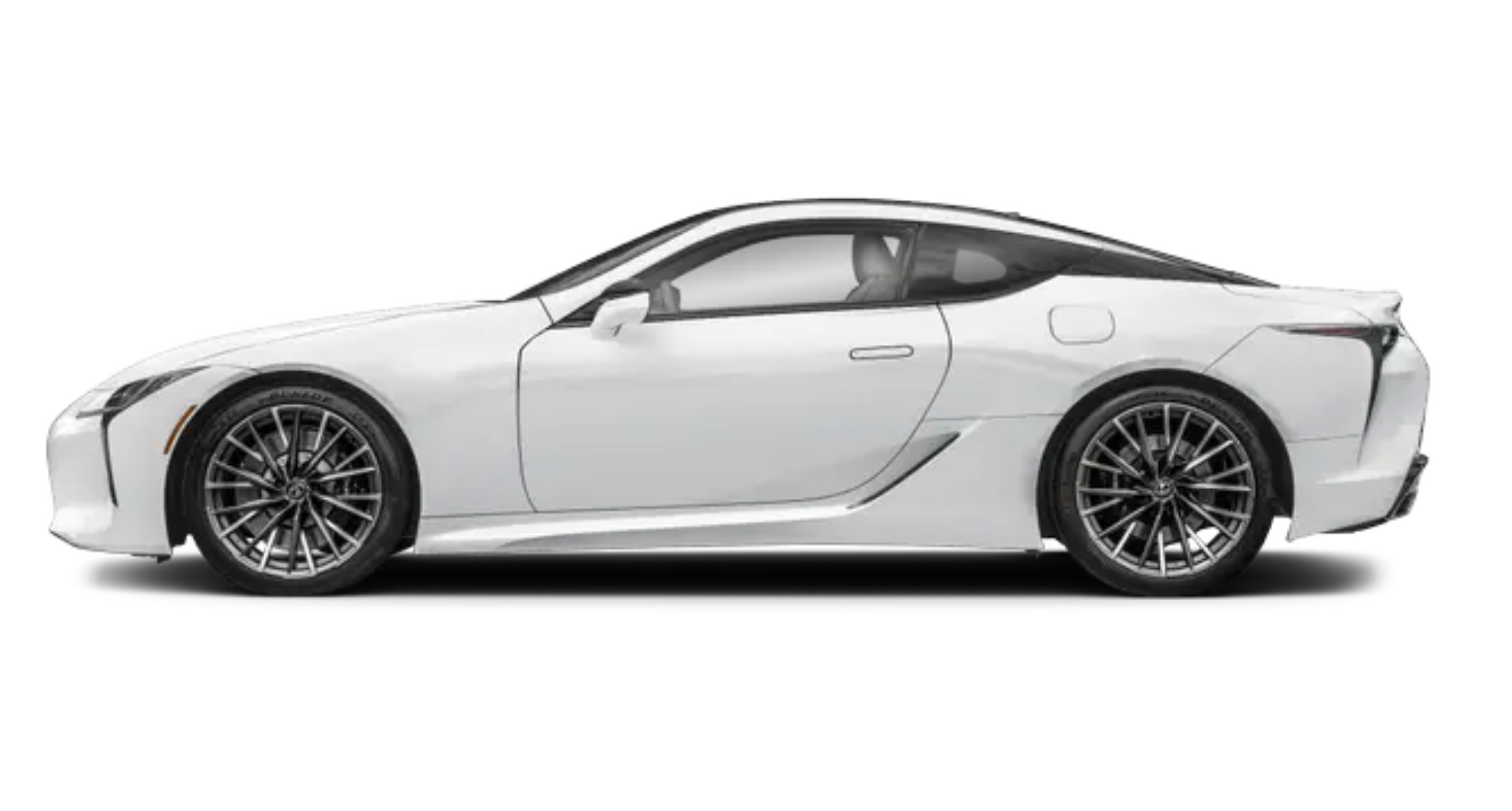 Side profile view of the 2025 Lexus LC 500, showcasing its aerodynamic design, sculpted body lines, and 21-inch forged alloy wheels