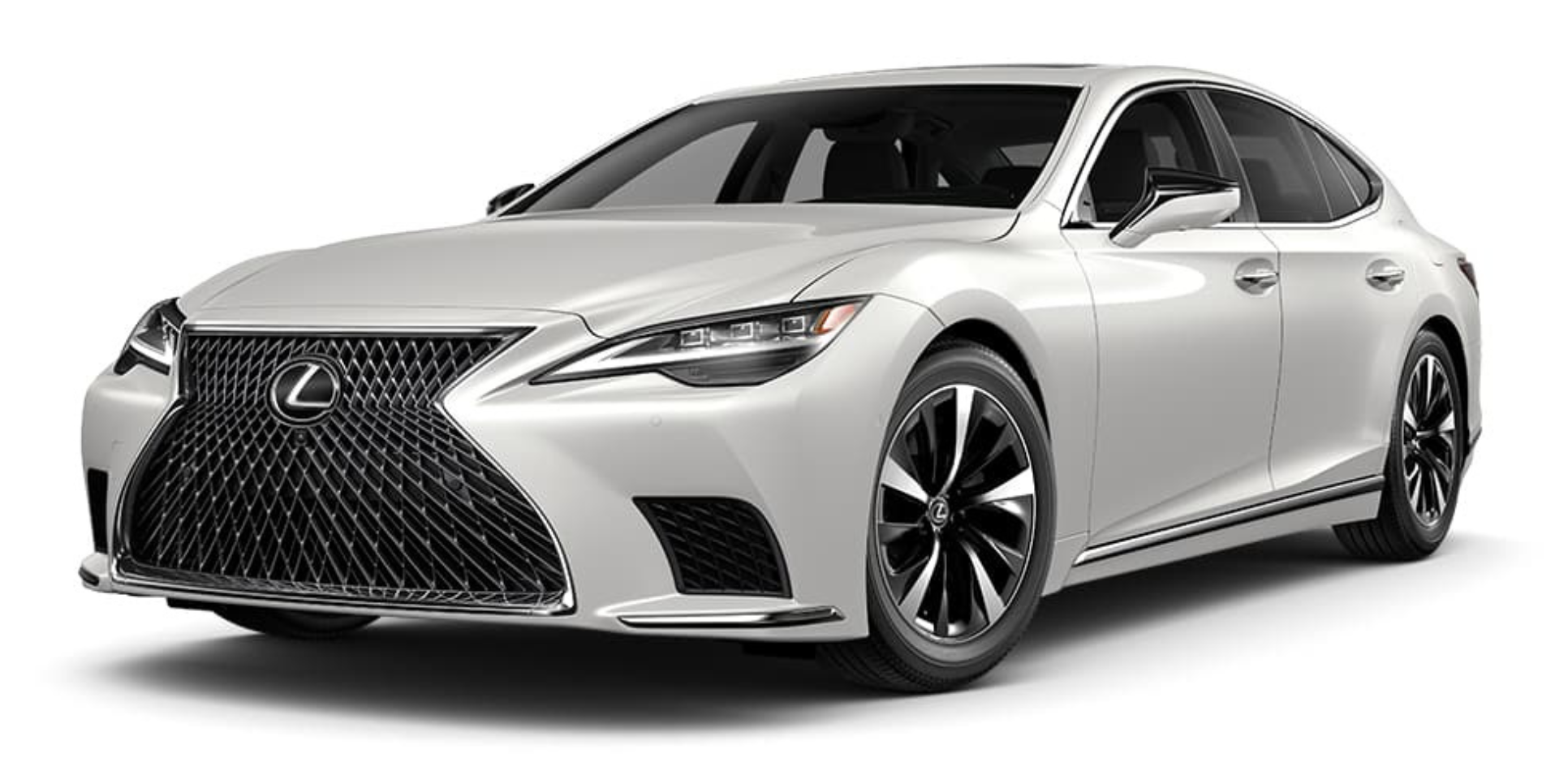 Front view of the 2025 Lexus LS 500, displaying the iconic Lexus spindle grille, sharp LED headlights, and sporty front bumper.