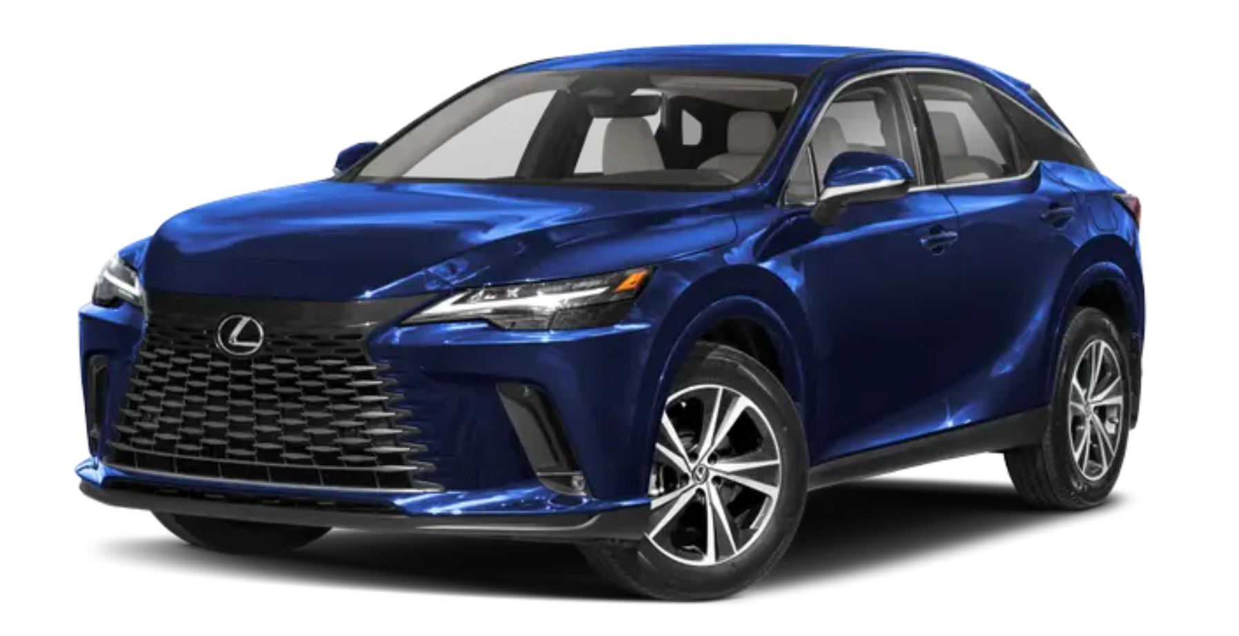 Front view of the 2025 Lexus RX 350 in deep blue, showcasing its bold spindle grille, LED headlights, and aerodynamic design.