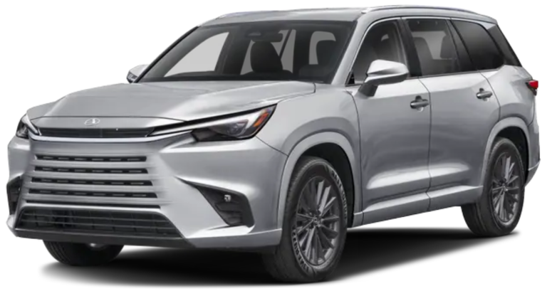 2025 Lexus TX 350 front exterior with signature Lexus spindle grille, LED headlights, sculpted hood design, and aggressive styling.