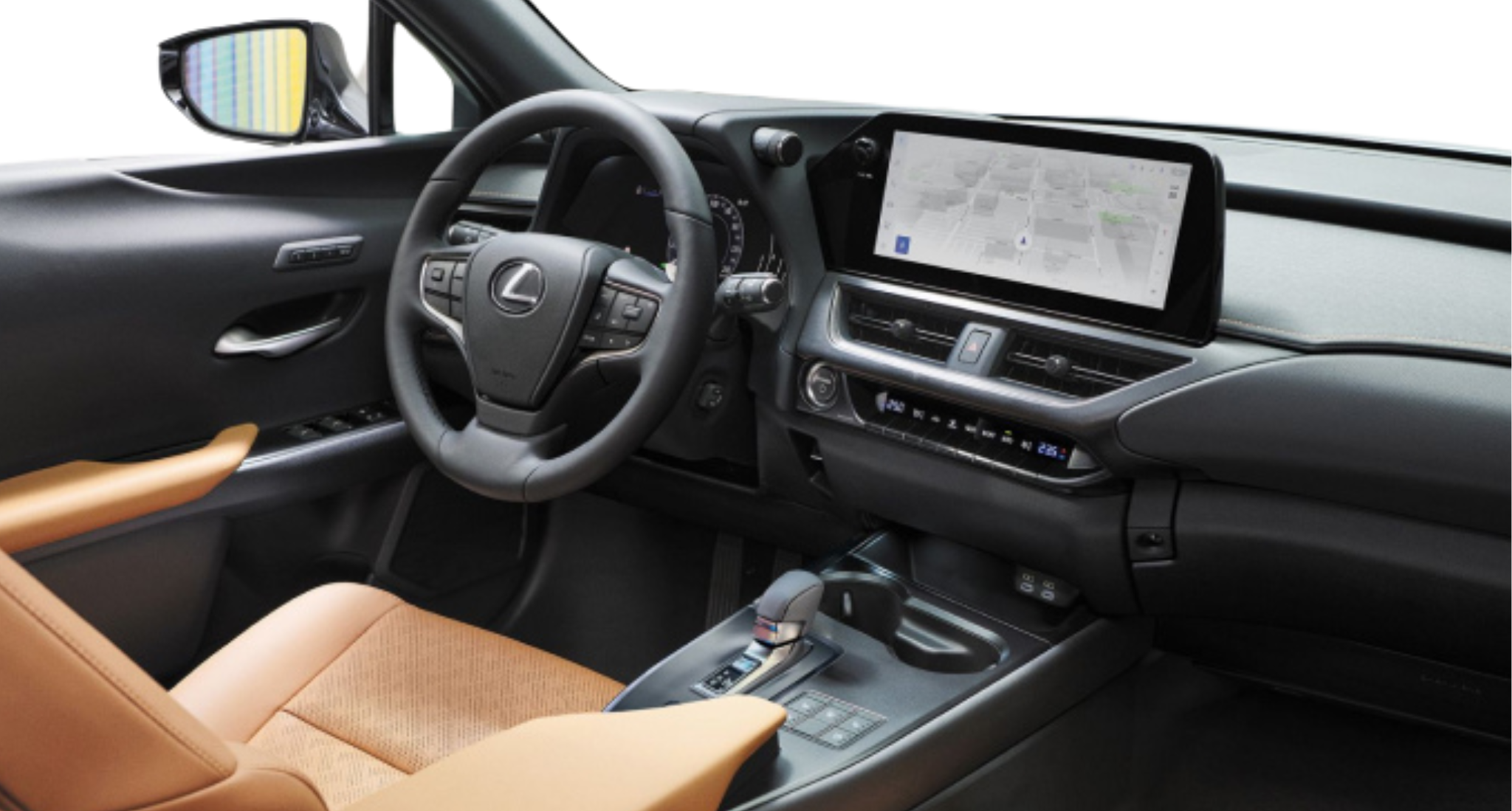 Interior view of the 2025 Lexus UX 300h, showcasing a modern black dashboard with a large infotainment touchscreen, a leather-wrapped steering wheel with Lexus branding, and tan-colored leather seats.