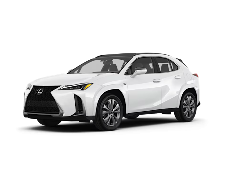 Front view of the 2025 Lexus UX 300h in white, featuring Lexus’ signature spindle grille, angular LED headlights, and an aerodynamic front bumper design.