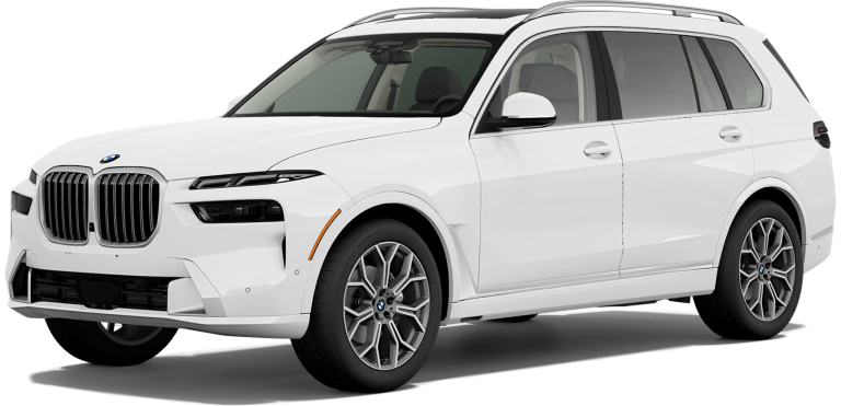 Front view of the 2025 BMW X7 xDrive40i in Brooklyn, NY, showcasing its bold grille, LED headlights, and premium SUV design.