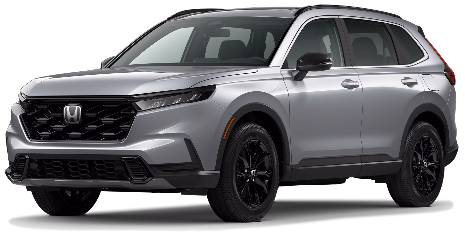 Front view of the 2025 Honda CRV Hybrid in sleek silver parked outdoors