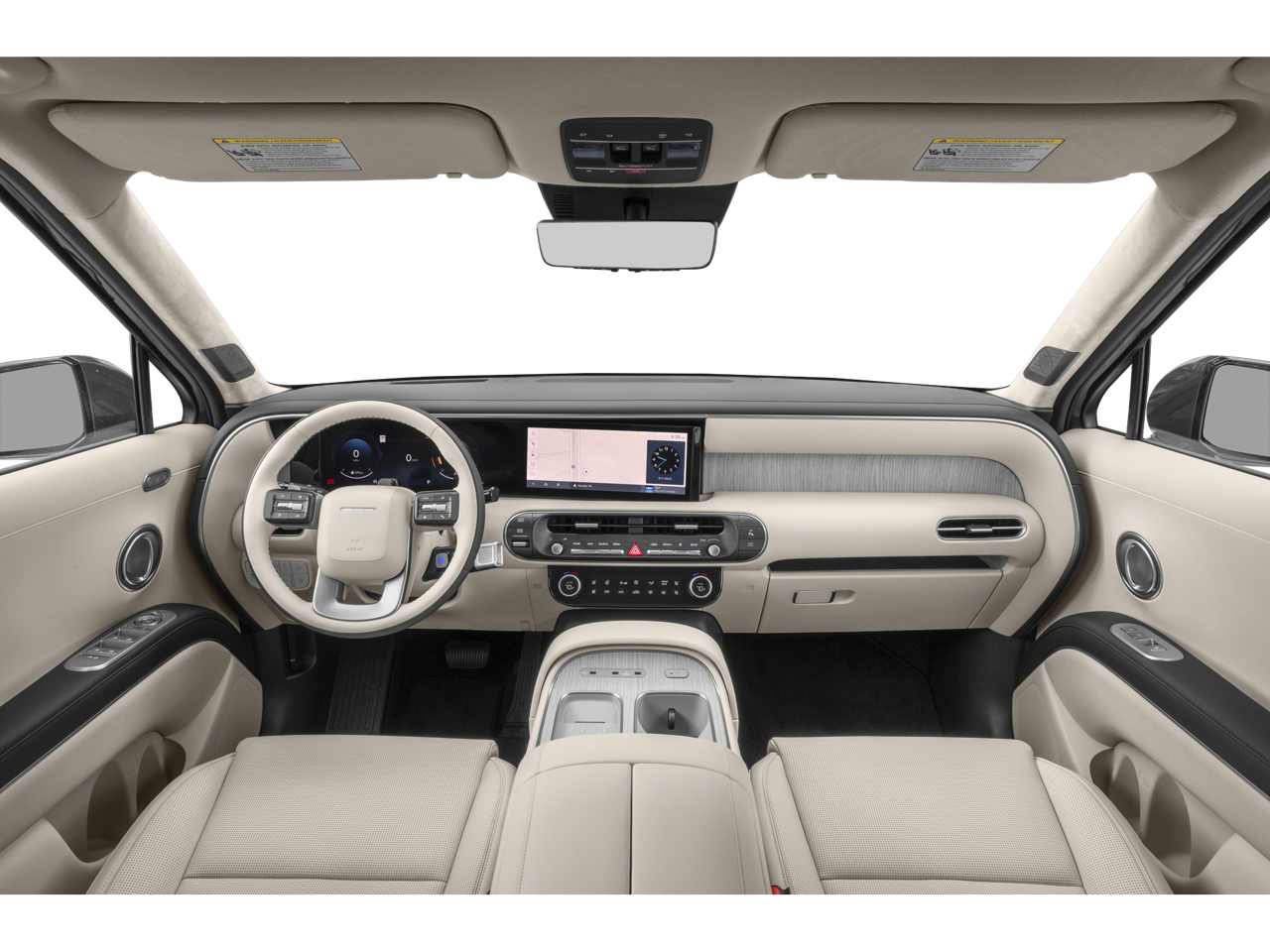 Interior of the Hyundai Palisade, featuring its premium leather seats, digital dashboard, and panoramic sunroof.