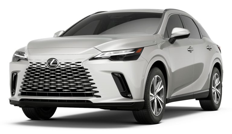 Front view of the 2025 Lexus RX 350 in deep blue, showcasing its bold spindle grille, LED headlights, and aerodynamic design.