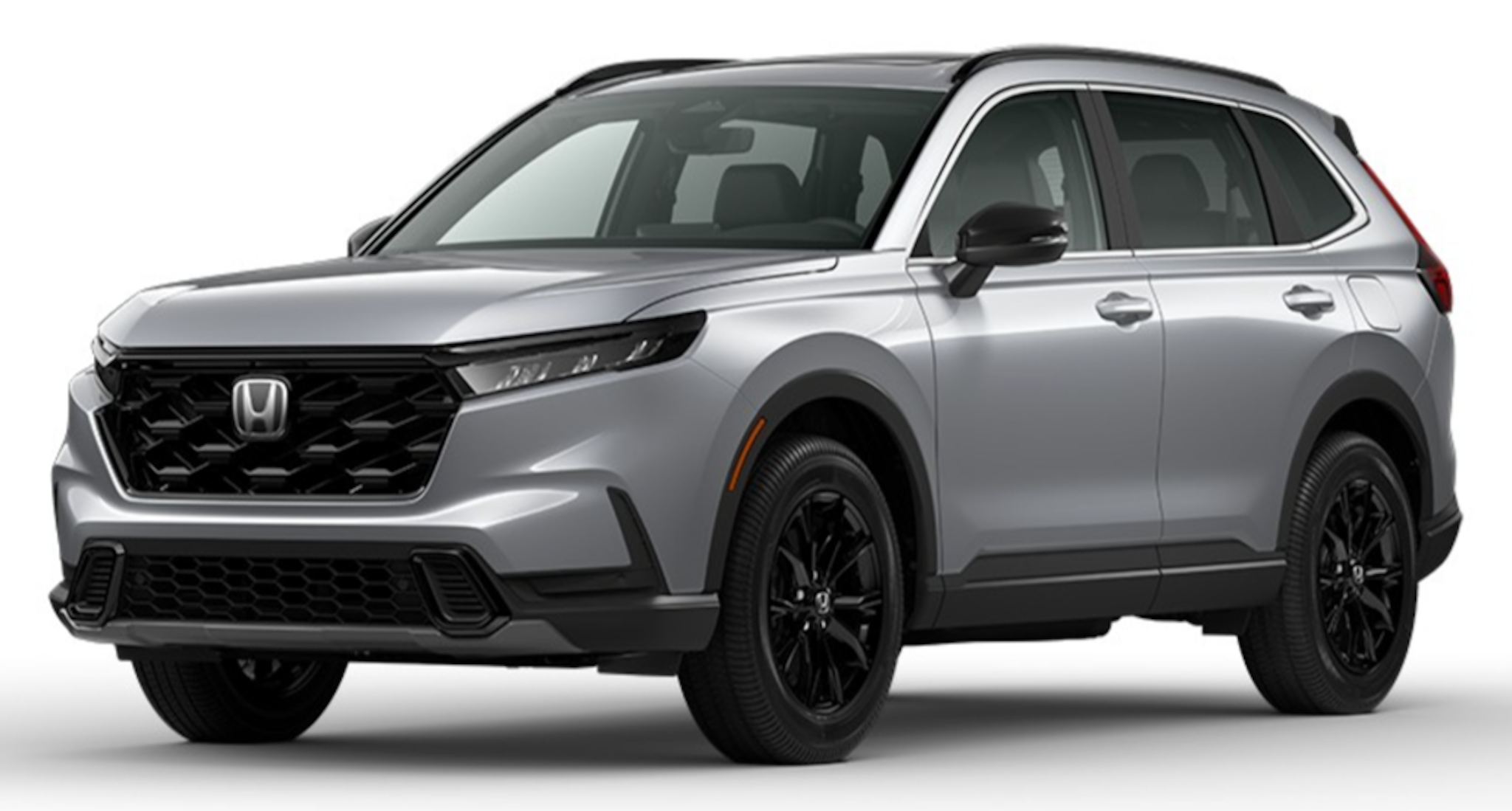 Alt Text: "Front view of the 2025 Honda CRV Hybrid in sleek silver parked outdoors"