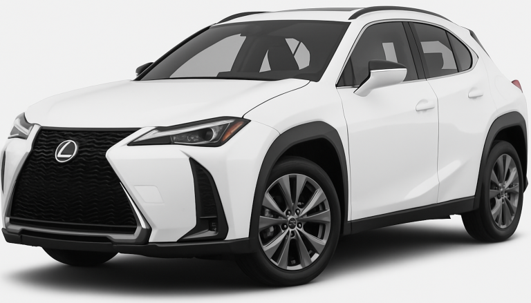 Front view of the 2025 Lexus UX 300h in white, featuring Lexus’ signature spindle grille, angular LED headlights, and an aerodynamic front bumper design.
