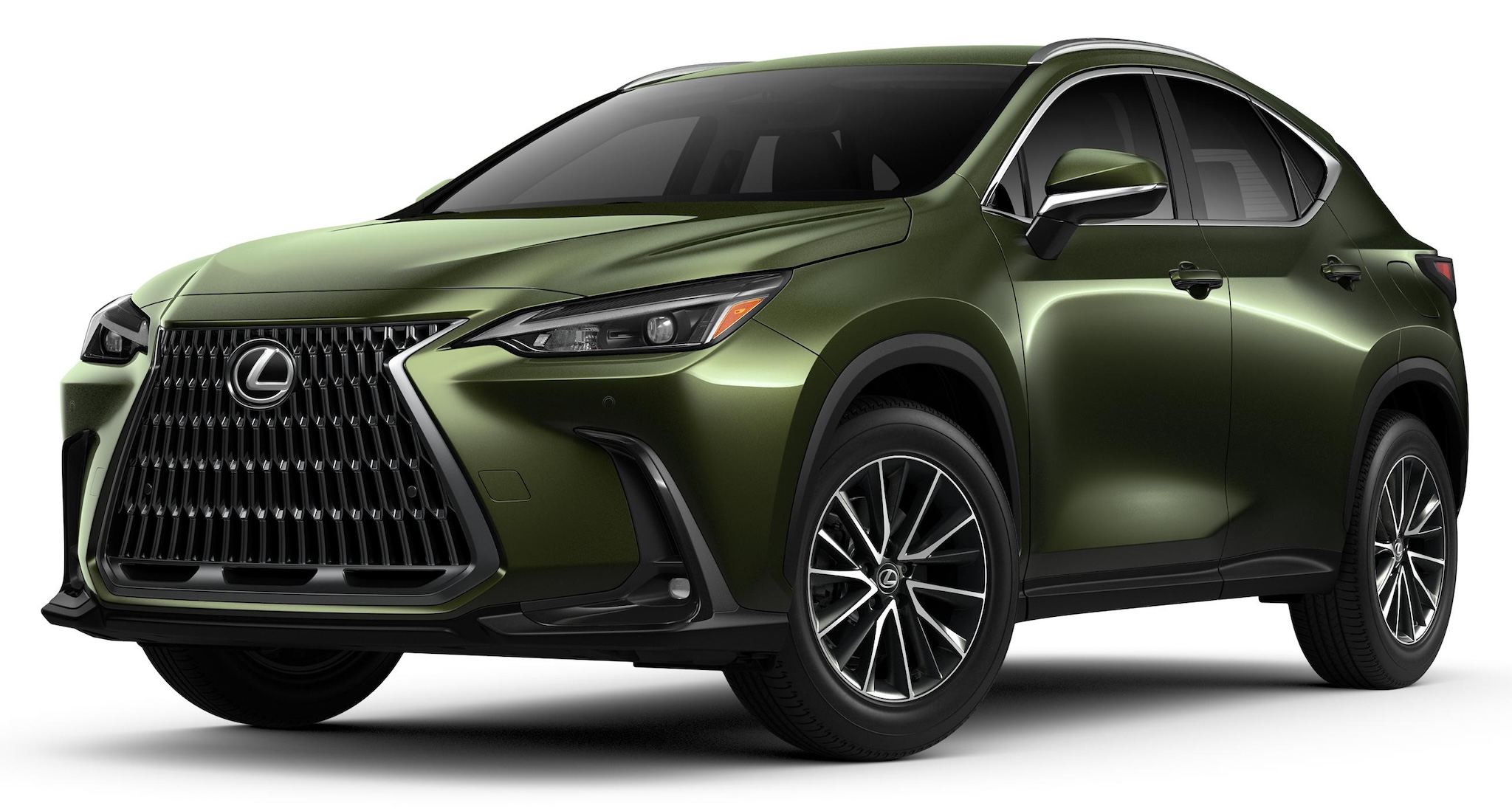 Front view of the 2025 Lexus NX 350 in white, showcasing its signature Lexus grille, sculpted hood, and aerodynamic design.