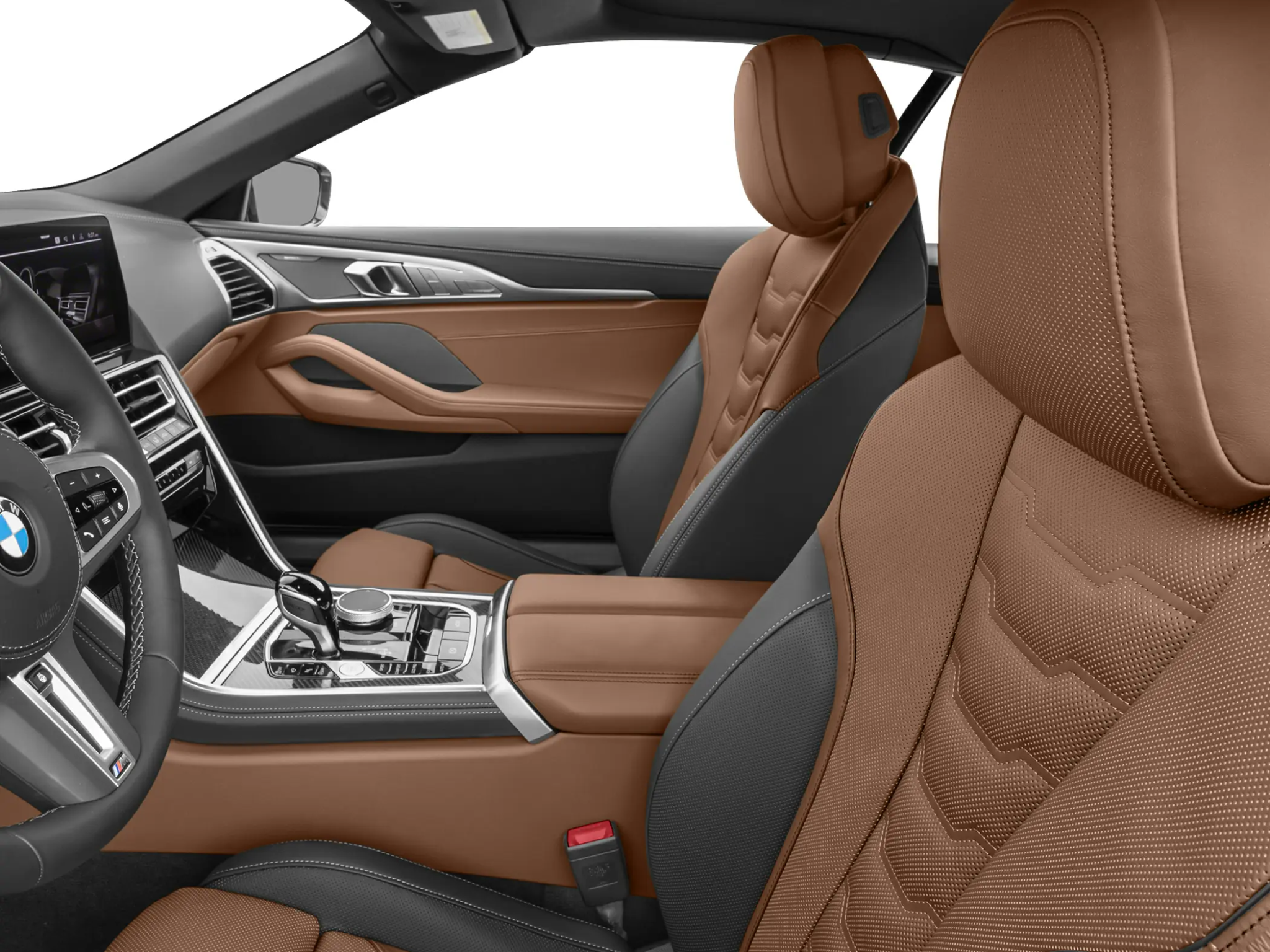 Close-up of the refined interior details in the 2025 BMW M850i xDrive Coupe, emphasizing its luxury car craftsmanship.