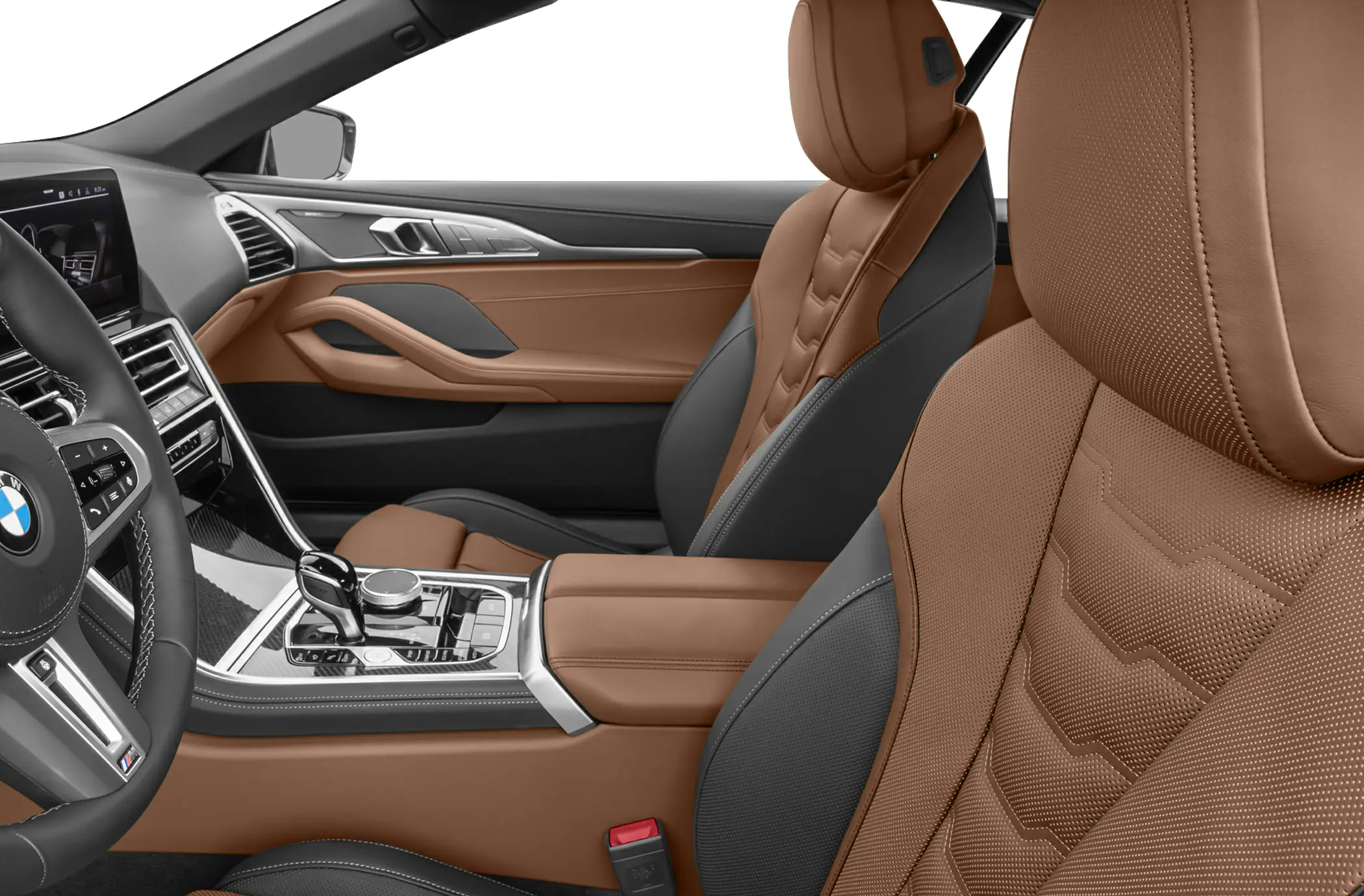 Close-up of the refined interior details in the 2025 BMW M850i xDrive Coupe, emphasizing its luxury car craftsmanship.