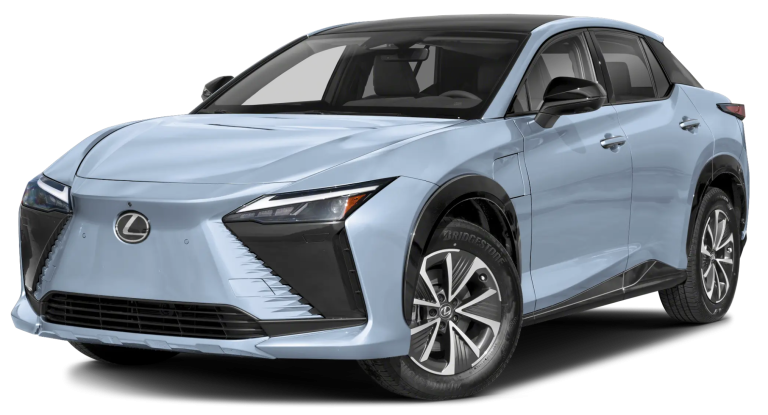 2025 Lexus RZ 300e front view with an aggressive spindle grille, sharp LED headlights, and a sophisticated all-electric luxury SUV design.