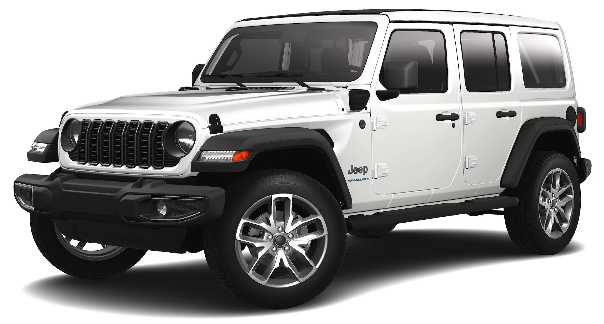 Alt Text: Front view of the 2025 Jeep Wrangler 4XE, a plug-in hybrid SUV with iconic grille.