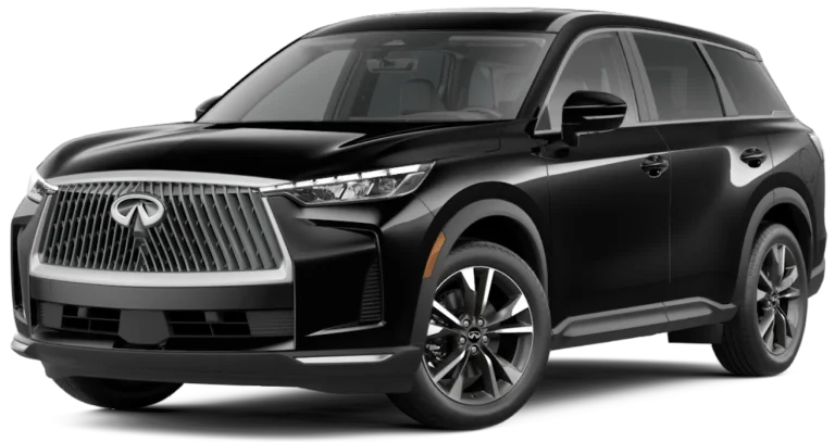 Front view of 2026 Infiniti QX60 luxury SUV with piano key LED headlights