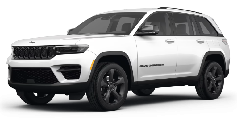 Front view of the 2024 Jeep Grand Cherokee Altitude, showcasing bold design and LED headlights for jeep grand cherokee lease deals.