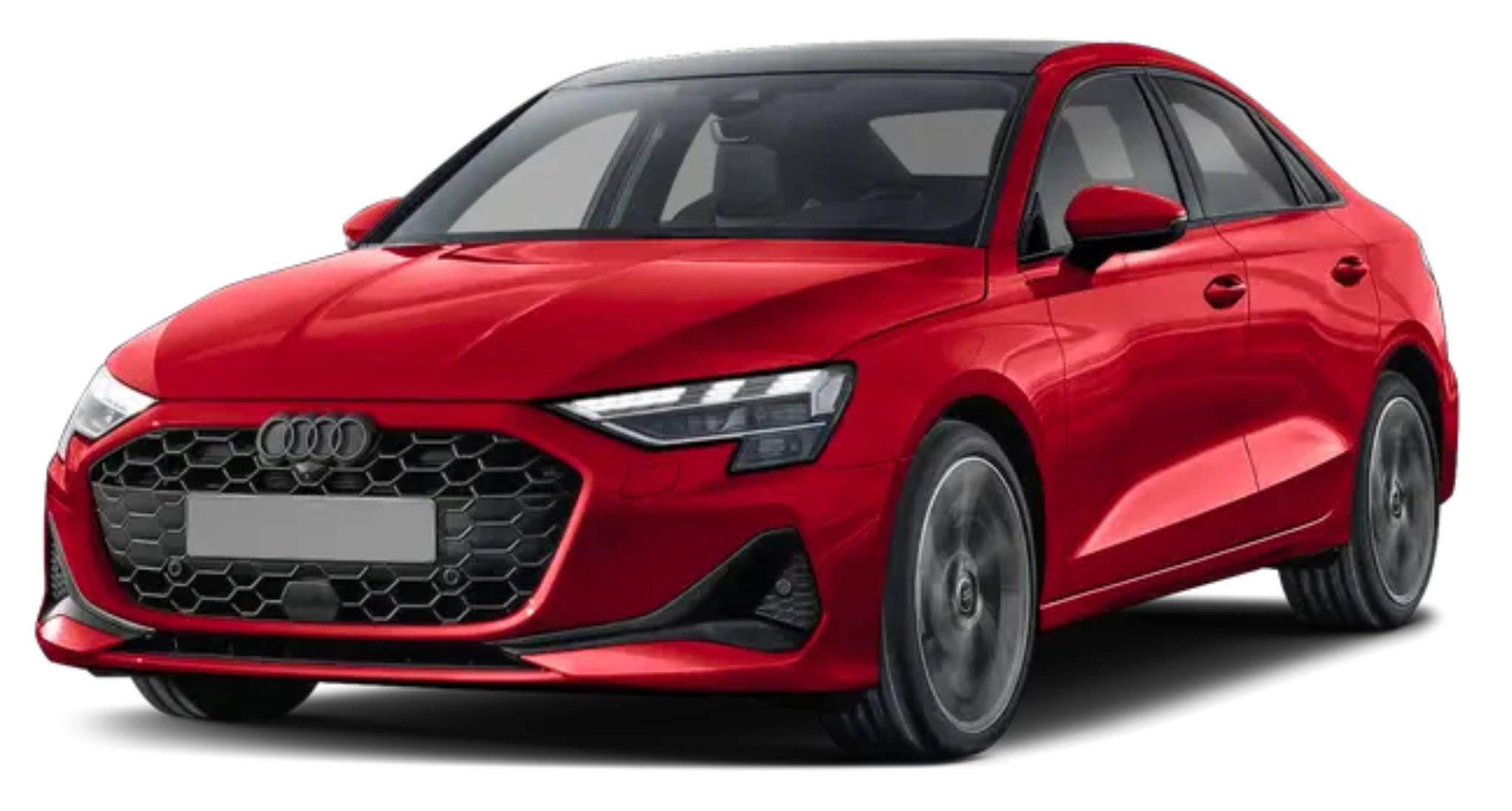 Front view of the 2025 Audi A3 in red, showcasing the bold Singleframe grille, LED headlights, and sporty aesthetics. A luxury sedan with advanced technology and performance.