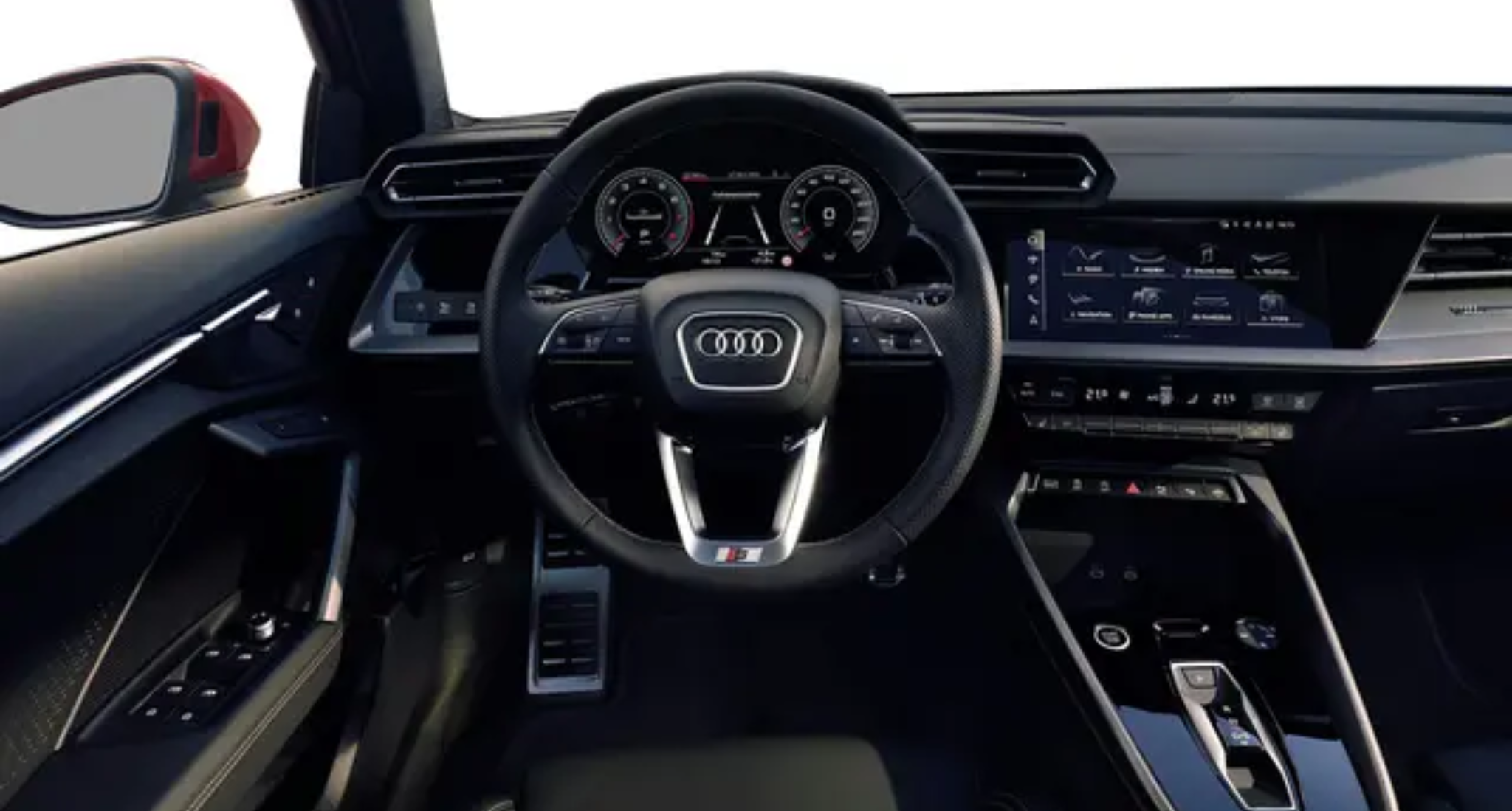 Interior view of the 2025 Audi A3, featuring the Audi Virtual Cockpit, a digital 12.3-inch driver display, MMI touchscreen, and a modern, driver-focused dashboard.