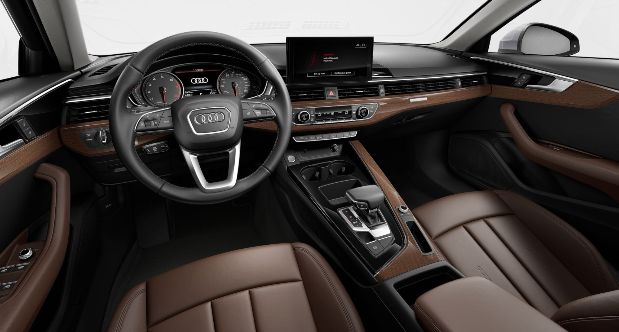 Luxury interior of the 2025 Audi A4 allroad featuring a modern dashboard with wood trim, leather-wrapped steering wheel, and advanced MMI infotainment system.