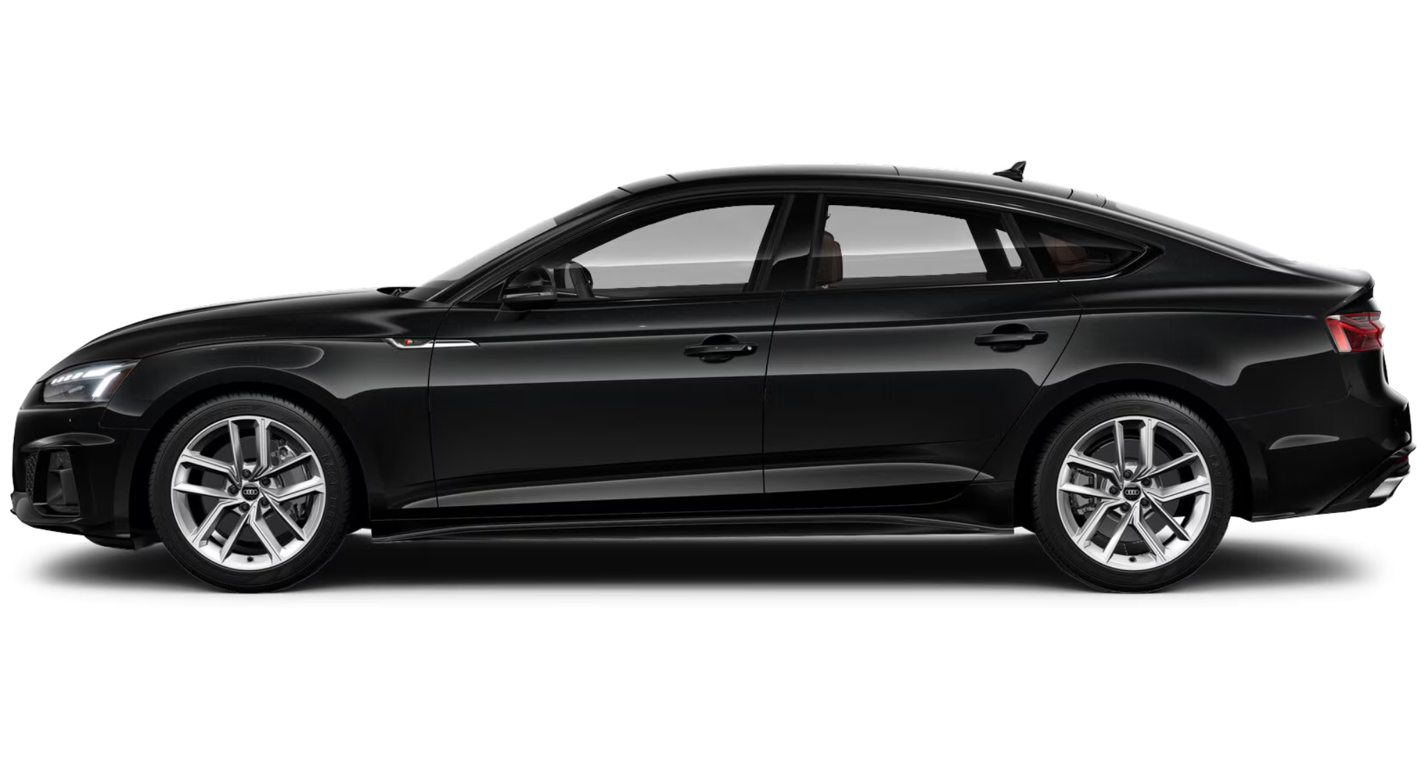 2025 Audi A4 Premium 40 TFSI quattro AWD side profile in Mythos Black, highlighting its aerodynamic silhouette, 18-inch alloy wheels and sloping roofline.