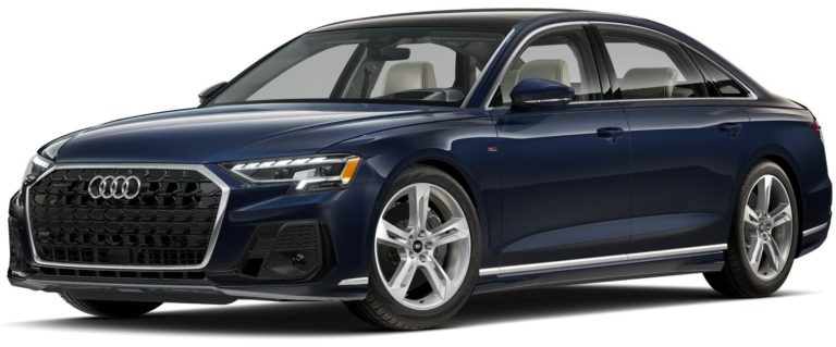 Striking front view of the 2025 Audi A8 L, featuring a bold Singleframe grille, sharp LED matrix headlights, and an aggressive yet refined stance for a luxury sedan experience.