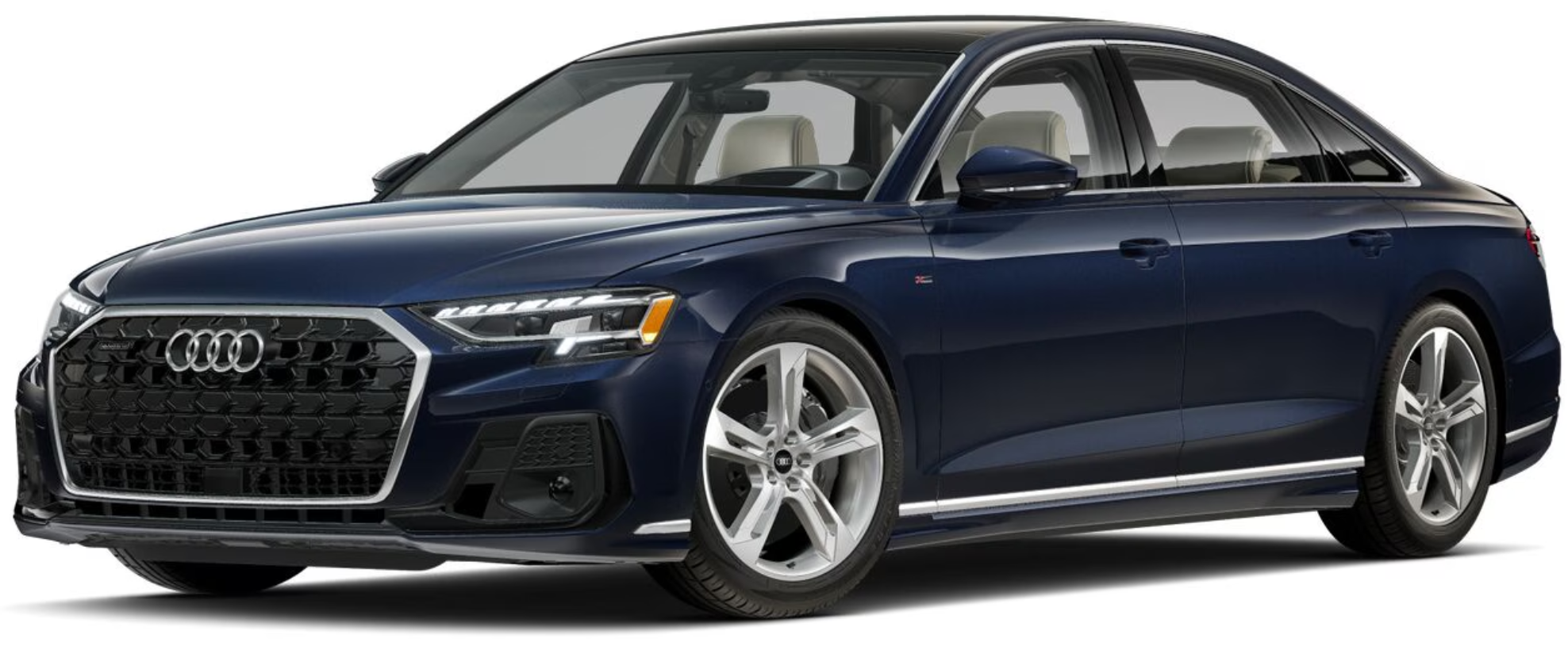 Striking front view of the 2025 Audi A8 L, featuring a bold Singleframe grille, sharp LED matrix headlights, and an aggressive yet refined stance for a luxury sedan experience.