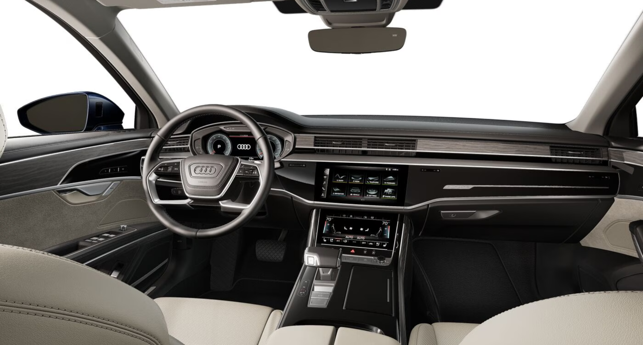 Advanced cockpit of the 2025 Audi A8 L with Audi Virtual Cockpit, dual touchscreen MMI infotainment system, premium Bang & Olufsen audio, and a sleek, high-tech dashboard design.