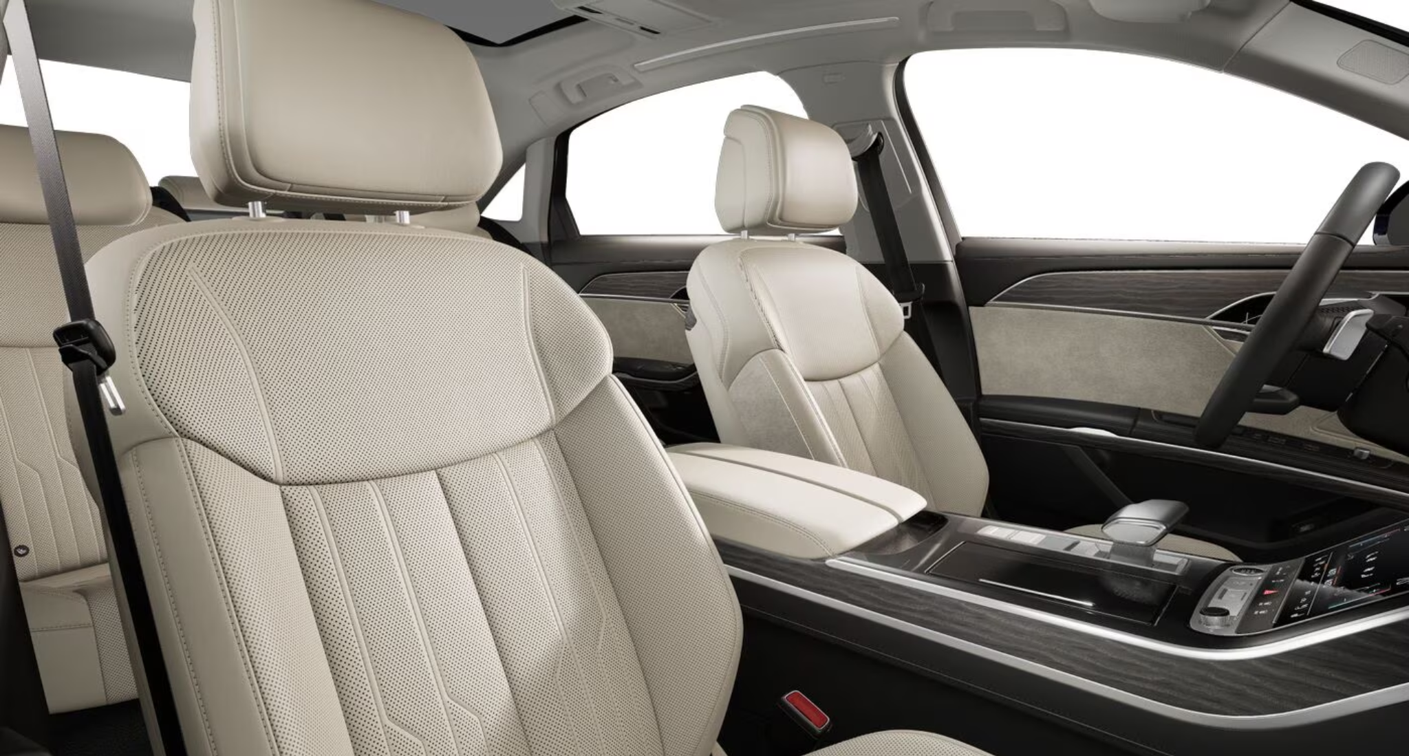 Luxurious beige Valcona leather seats inside the 2025 Audi A8 L, featuring ergonomic design, perforated detailing, and premium comfort with heating, ventilation, and massage functions.