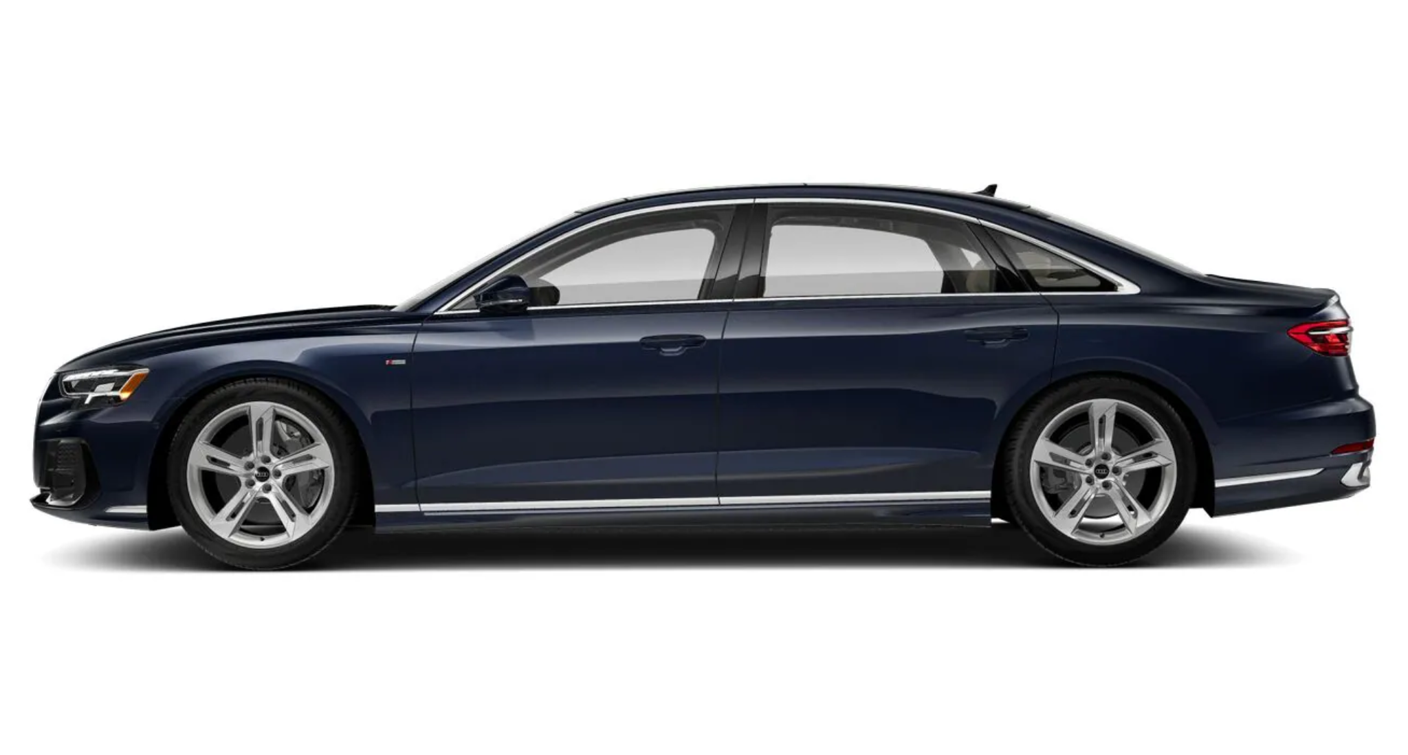 Elegant side profile of the 2025 Audi A8 L, showcasing its aerodynamic design, sculpted lines, premium alloy wheels, and signature chrome accents for a sophisticated look.