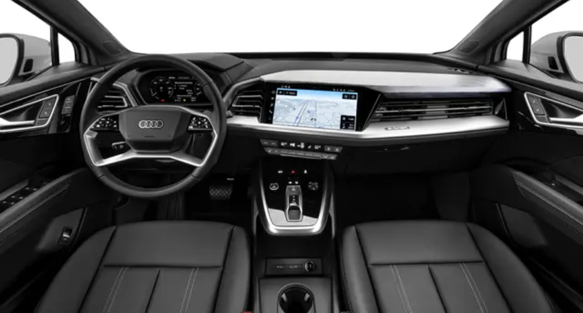 2025 Audi Q4 e-tron interior featuring a high-tech digital cockpit with an 11.6-inch MMI touchscreen, Audi Virtual Cockpit Plus, and premium black leather seats.