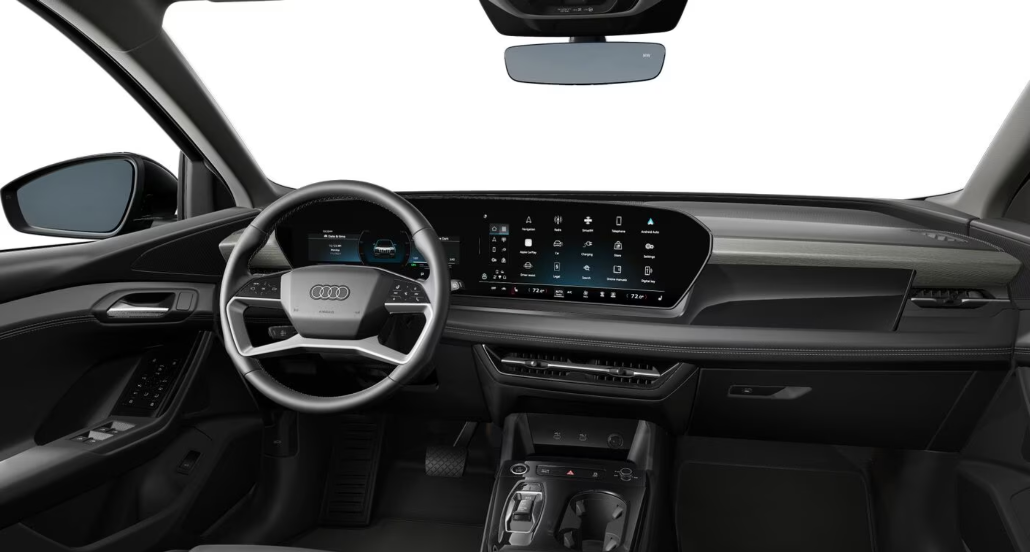 Interior of the 2025 Audi Q6 e-tron showcasing a high-tech dashboard with a curved digital display, multifunction steering wheel, and premium design materials.