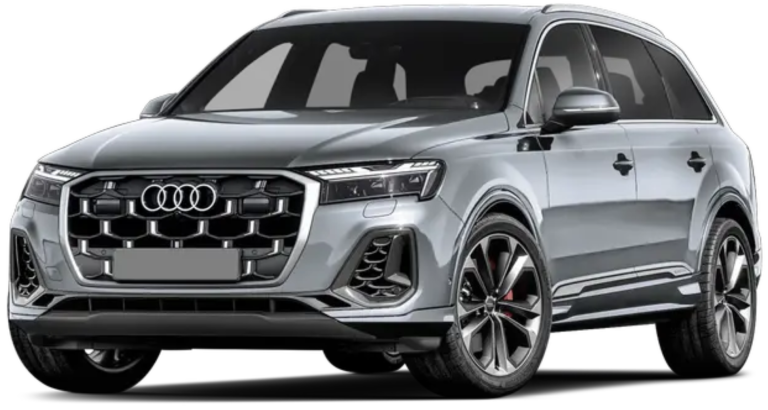 2025 Audi Q7 front view highlighting its bold grille, LED headlights, and sporty design for a commanding road presence.