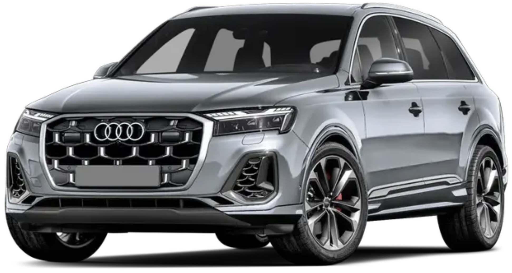 2025 Audi Q7 front view highlighting its bold grille, LED headlights, and sporty design for a commanding road presence.