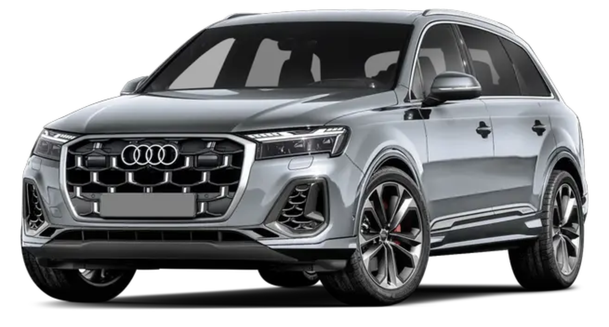 2025 Audi Q7 front view highlighting its bold grille, LED headlights, and sporty design for a commanding road presence.