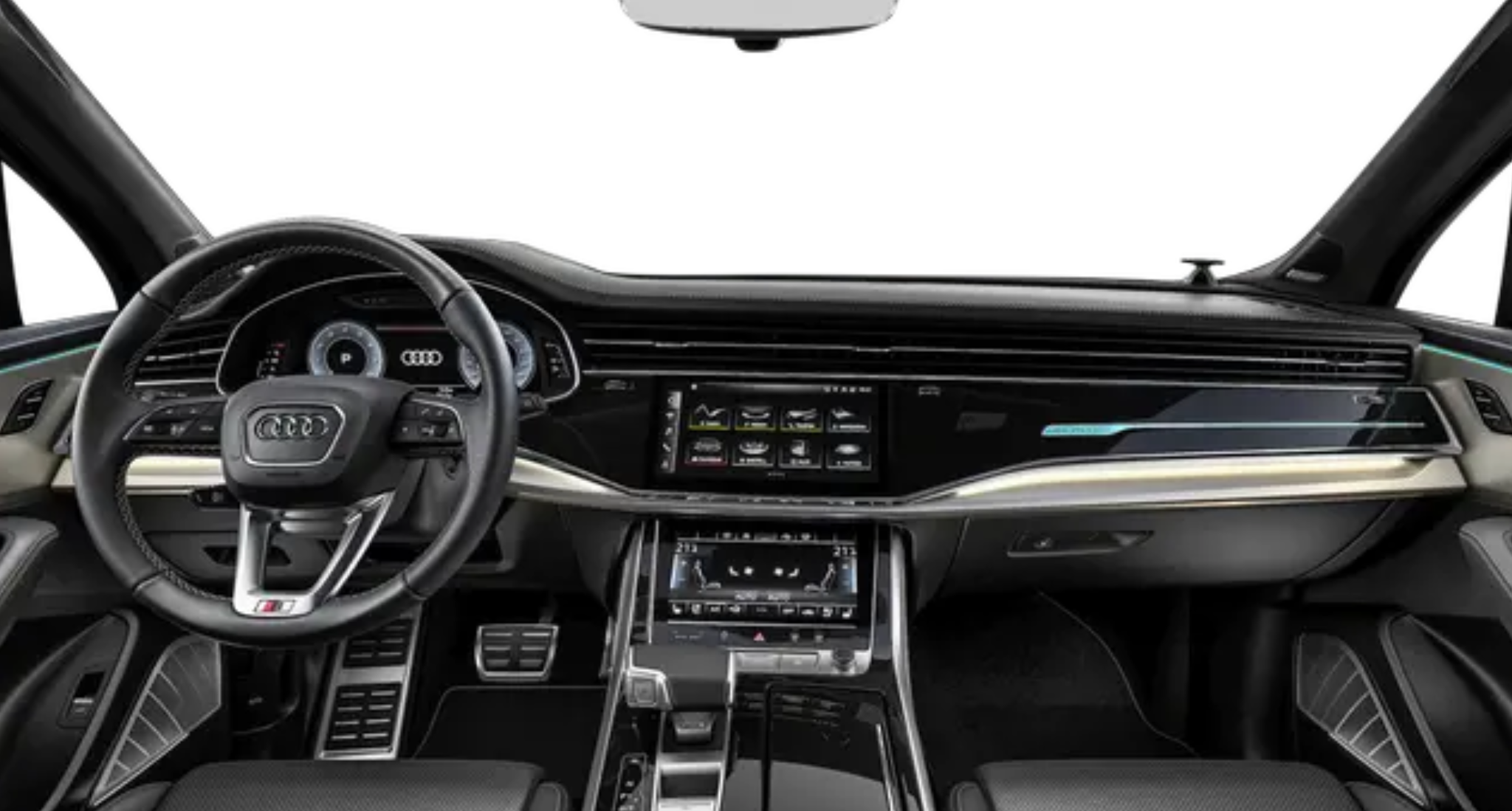 2025 Audi Q7 luxury interior featuring a digital cockpit, touchscreen infotainment system, and premium leather-trimmed dashboard.