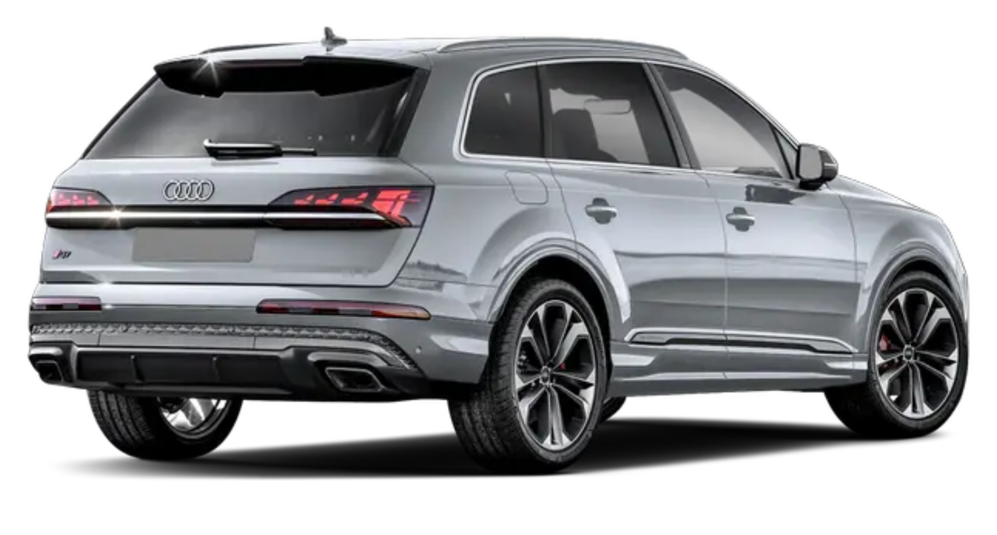 2025 Audi Q7 rear view showcasing sleek LED taillights, dual exhaust, and a modern aerodynamic design in metallic silver.