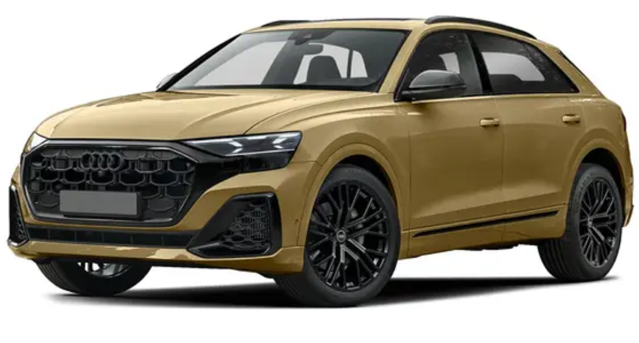 Aggressive front view of the 2025 Audi Q8 with a signature black honeycomb grille, sharp LED headlights, and a dynamic hood design for a commanding road presence.