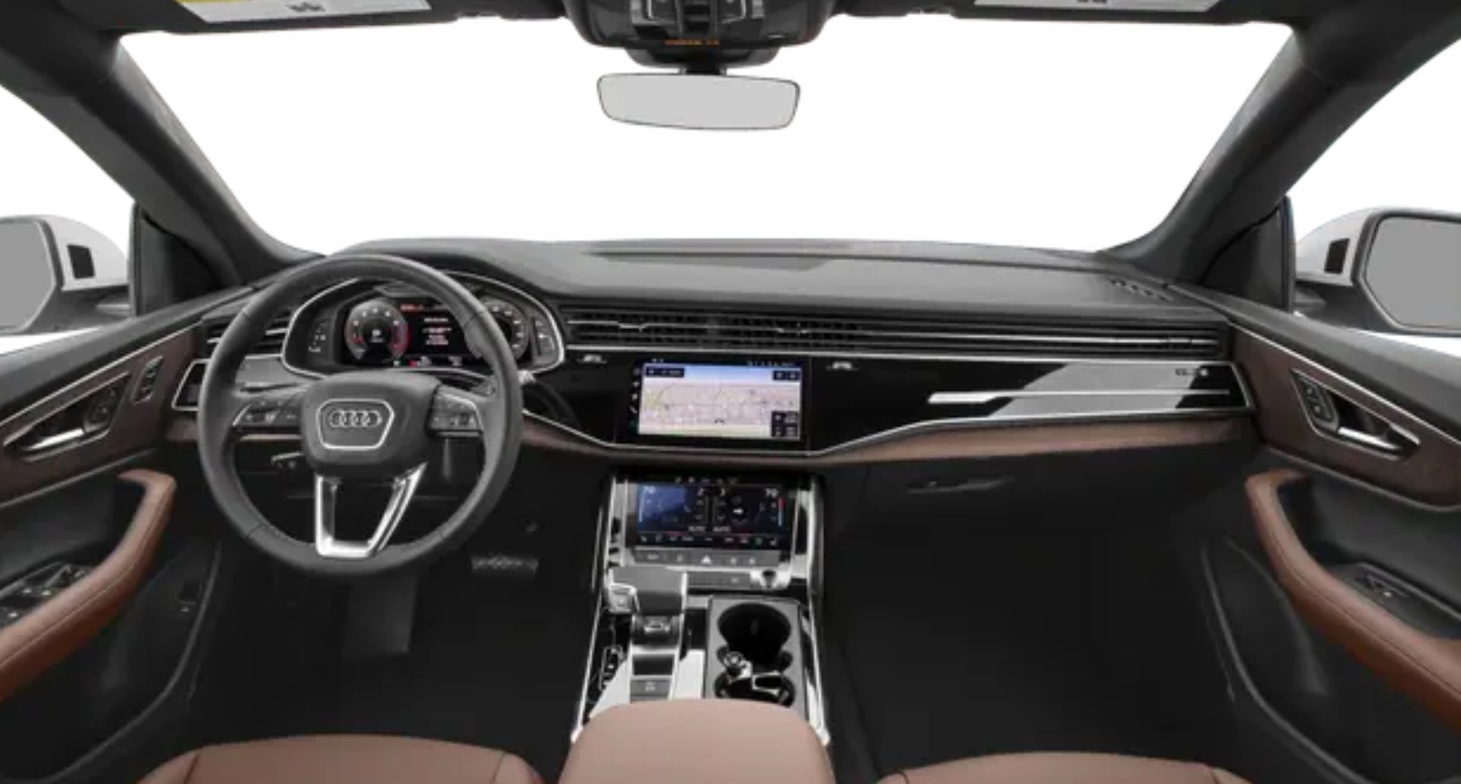 High-tech interior of the 2025 Audi Q8 with a fully digital Audi Virtual Cockpit, MMI Touch Response system, and premium materials for a modern driving experience.