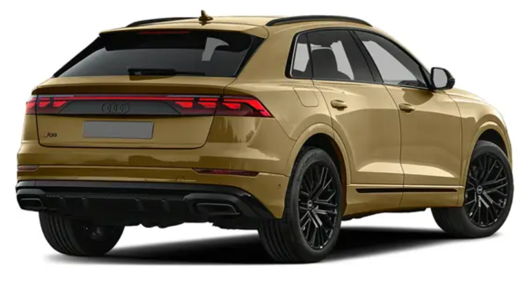 Striking rear design of the 2025 Audi Q8 in metallic gold, featuring sleek LED taillights, black accents, and a sporty aerodynamic profile.