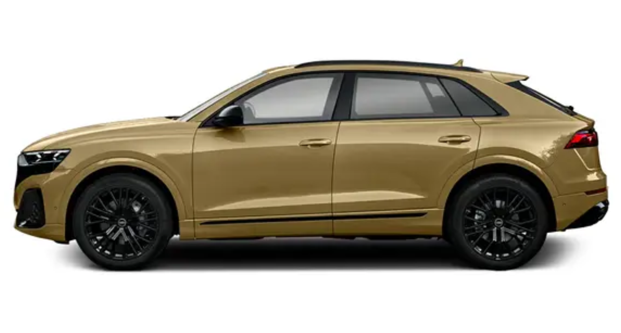 Elegant side profile of the 2025 Audi Q8 in gold, showcasing bold body lines, black alloy wheels, and a coupe-style roofline for a sophisticated SUV stance.