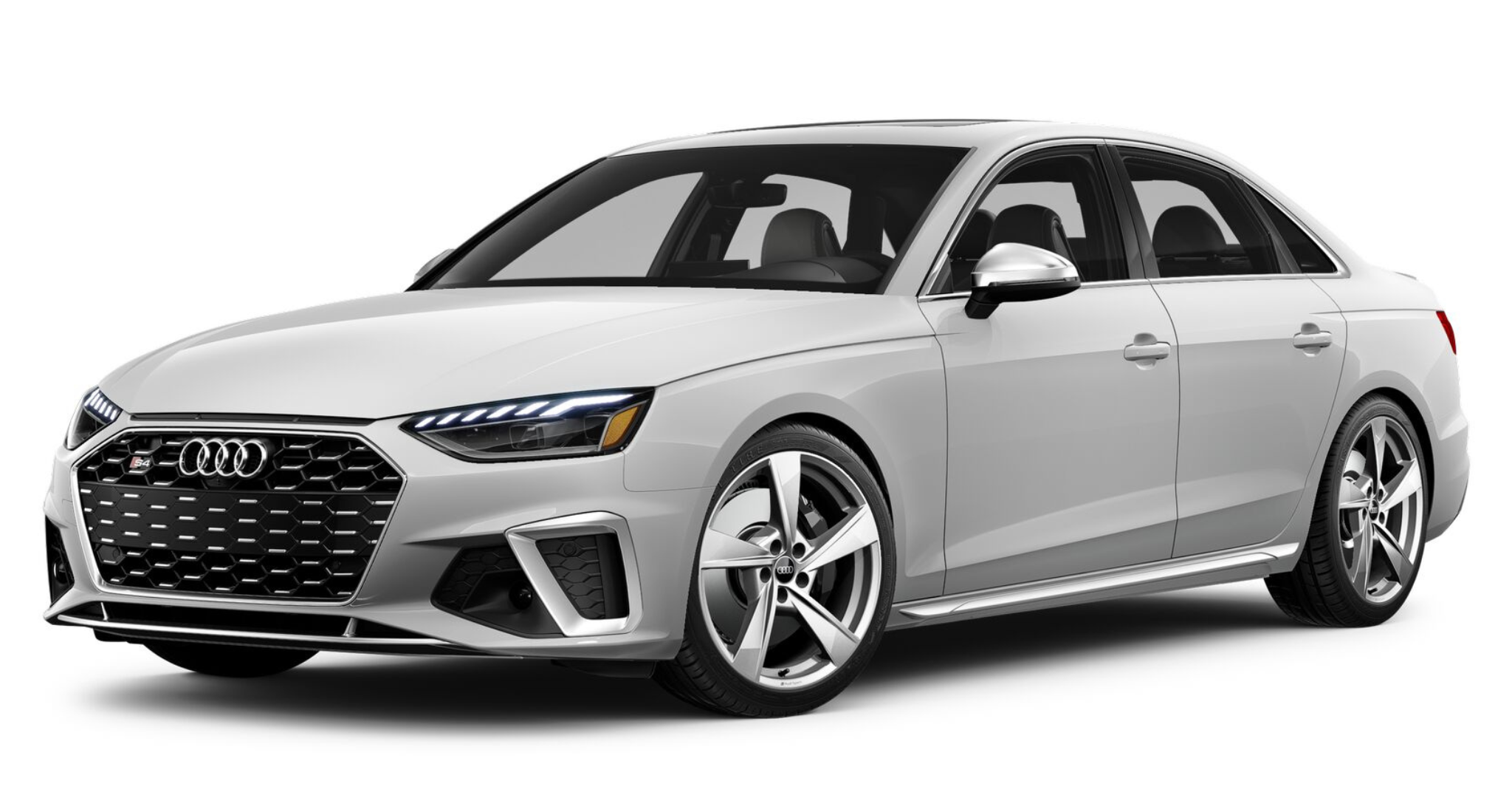 Front view of the 2025 Audi S4, featuring an aggressive honeycomb grille, Matrix-design LED headlights, large air intakes, and an athletic stance for a bold road presence.