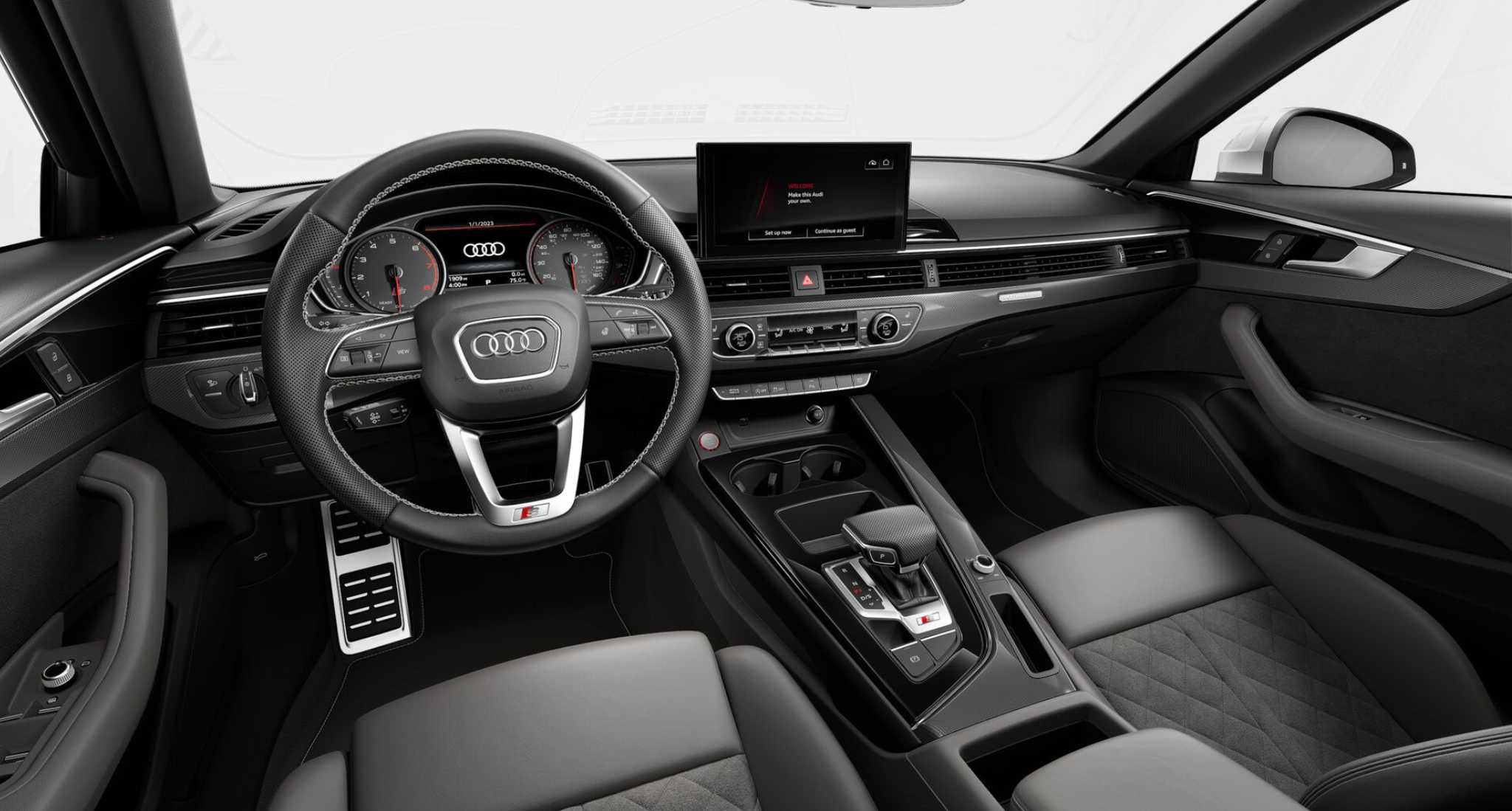 Cockpit view of the 2025 Audi S4, showcasing the 12.3-inch Audi Virtual Cockpit, 10.1-inch MMI touchscreen infotainment system, premium materials, and driver-centric controls.