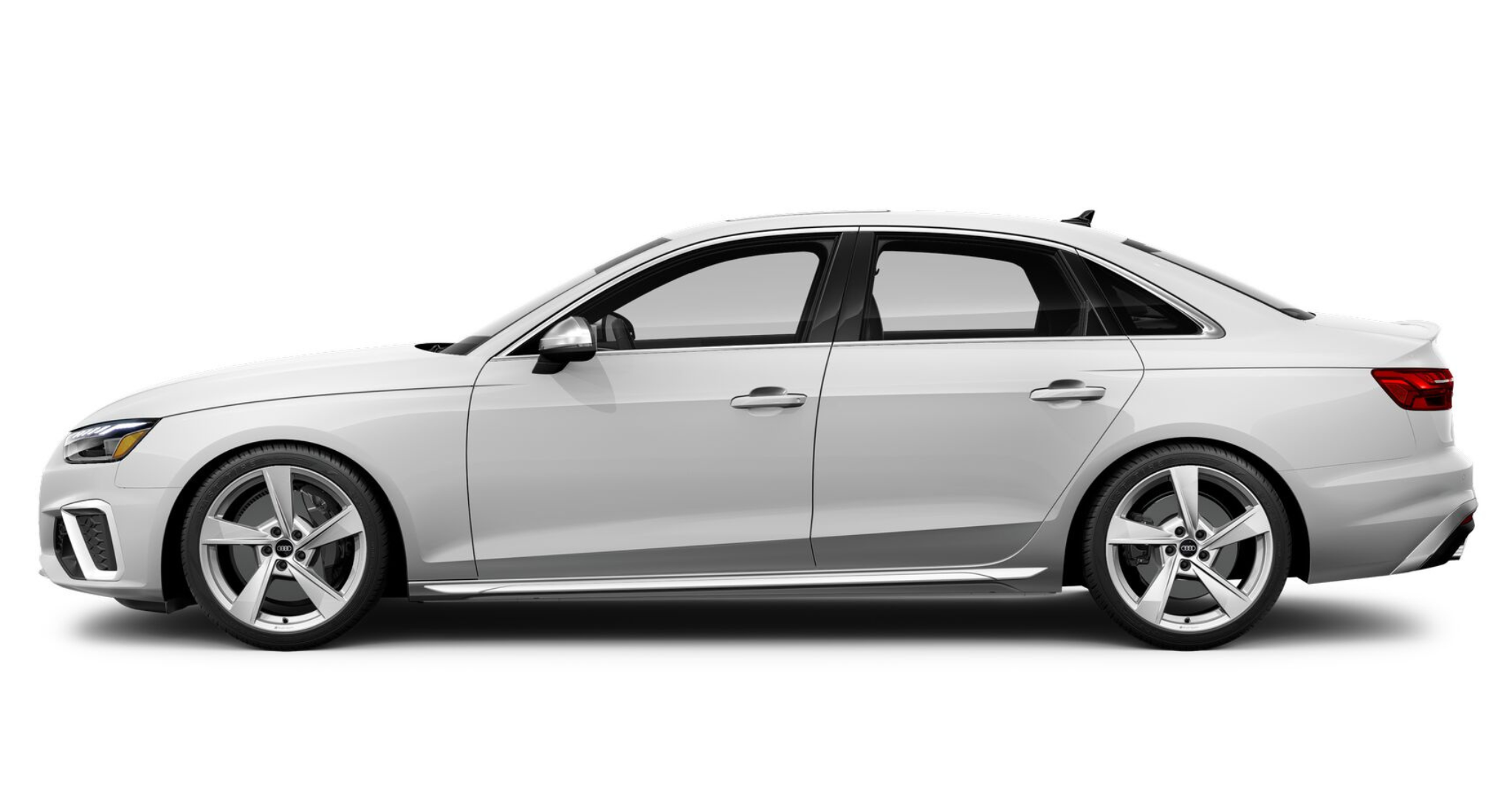 Side profile of the 2025 Audi S4, displaying its aerodynamic design, 19-inch alloy wheels, performance tires, and sleek body lines that enhance its sporty appeal.