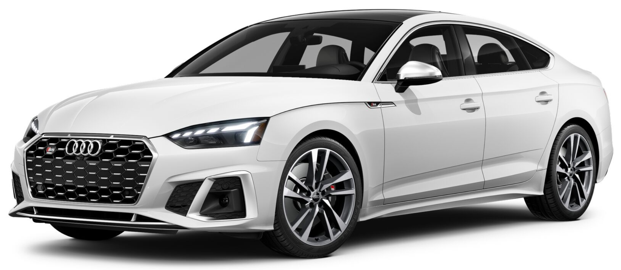 Bold front view of the 2025 Audi S5 Sportback featuring an aggressive honeycomb grille, sharp LED headlights, large air intakes, and the Audi S5 badge for a commanding presence on the road.